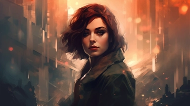 beautiful stunning pretty vintage, futuristic bladerunner style young woman, paint art style, clipart, city landscape background, superrealistic, one of a kind