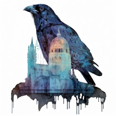 Watercolor Gothic Raven on building ledge clipart, double exposure, white background,