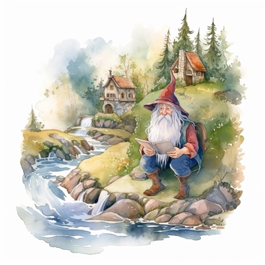 watercolour wizard animated clipart character, holding a book of spells, looking out ouver a river by a small stone cottage in a forrest clearing , set against a solid white background, ultra high definition, size 2048x2048