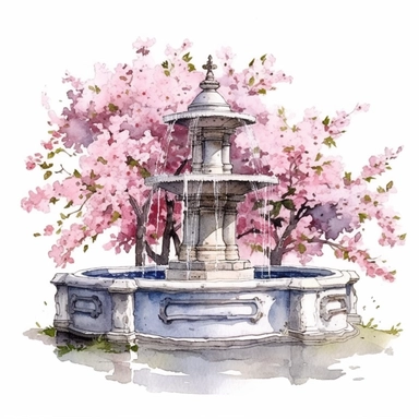 realistic high detailed watercolor provence fountain with sakura clipart, white background