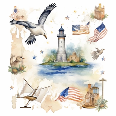 american theme clipart, independence day, in the style of dreamy watercolor scenes, detailed miniatures, free brushwork, pictorial fabrics, pattern, founding fathers sticker art style, patriotic american colors, white backround