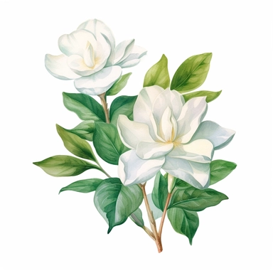 watercolor gardenia flowers clipart for wedding invitation card, hd, detailed, pastel color, clean line, on white background, spaced out