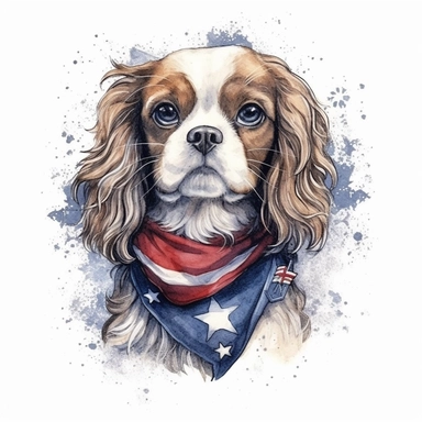 watercolor clipart illustration of a cavalier king charles spaniel wearing a bandana, red white and blue, hand painted details, clean and simple designs, solid background color, spaced out