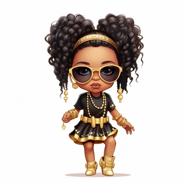 African- American girl, wearing gucci dresses, LV shoe, wearing gold knuckles, gold rings, gold watche, sunglasses, Long and Curly, clipart, Short Locs + High Fade, in white background, as a Inspired Chibi and Kawaii Style