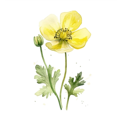 Buttercup flower, water color style, clipart, white background