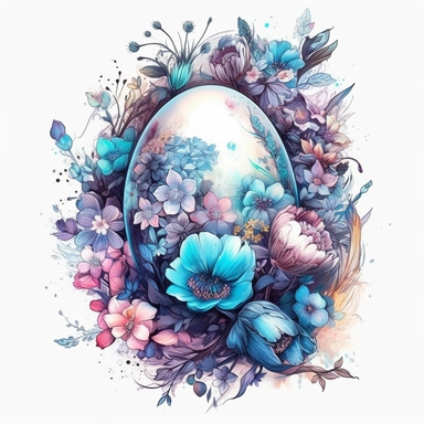image only egg with many different kinds of flowers, in the style of yuumei, tattoo inspired, light magenta and blue, spectacular backdrops, opulent fabrics, snailcore, high resolution, white background, clipart