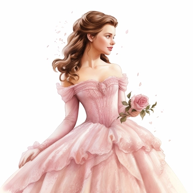 watercolor, hyper realistic, white background, white margins, 16k, ultra detailed clipart, cut out image, hand-drawn, whimsical , ultra HD, sharp and clean art a pretty, graceful and elegant lady, upper body only, pixar style, beauty and the beast movie inspired. Soft Pink