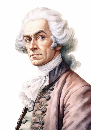 A high detail, close-up of an 18th-century gentleman with a powdered wig and a lavishly embroidered cravat watercolor clipart, hyper-realistic, white background