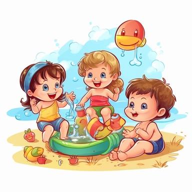 cute babies playing at the summer, family in background, summer time, no watermark, white background, clipart