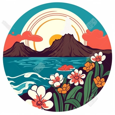 Sticker, clipart, bright colors, Brush painted volcano with tulip flower inside and coastline beneath ,contour, vector, white background, white outline, circle frame.