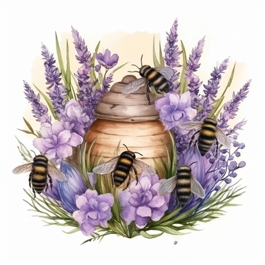 hand drawn beehive, bumblebees, purple flowers and grass, very detailed, very realistic, watercolor, clipart style