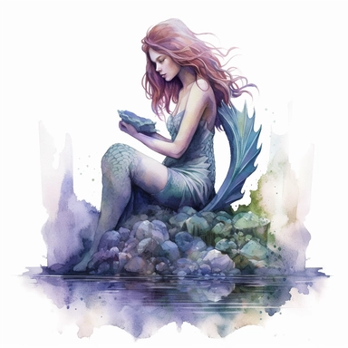 a mermaid holding algae in her hands sitting on a rock, in the style of gail simone, joel robison, anne stokes, sky-blue and purple, dreamlike figures, watercolor, pictorial, clipart, white background, isolated , from the torso down, she has a fish tail