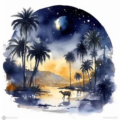 clipart style, watercolor scene of An immersive illustration of an Enigmatic Desert Oasis, featuring a captivating night scene. The moonlight casts a mystical glow on the oasis, surrounded by palm trees swaying in the breeze. Camels graze peacefully nearby, adding to the allure and intrigue of this enigmatic desert setting, HD, on white background