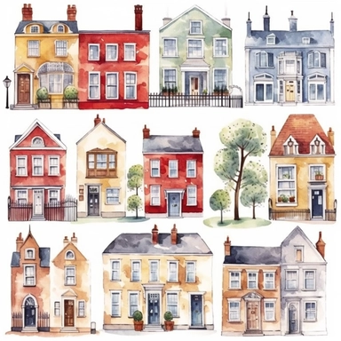watercolor london town houses , illustrations clipart set, simple, , cartoon elements ,different variants , separate elements with a margin