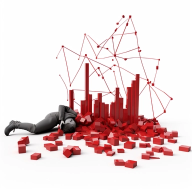 Imagine a clipart-style image of a person lying on the ground, crushed by a large stone, while in the background there are red financial market charts and graphs with a downward trend, all set against a white background. The person appears to be struggling under the weight of the stone, and the falling financial market charts add to the sense of pressure and difficulty. The image is rendered in a simple and clean style suitable for presentations, with a focus on the impact of the stone and the f