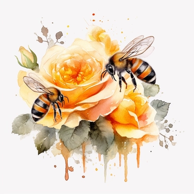 watercolor art of honey bees on flowers with roses, in the style of realistic and hyper-detailed renderings, sketchfab, ahmed morsi, realistic watercolor paintings, use of common materials, handcrafted designs clipart