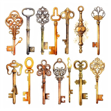 assorted gold keys inspired by Alice in wonderland watercolor illustration, design elements isolated on white background, vintage clip art - Image #4 <@1098423716465102849>