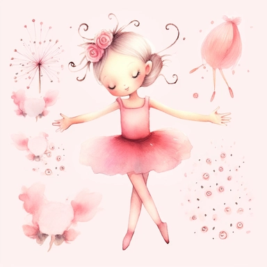pink cute girl doing ballet clip illustration clipart image set, in the style of mandy disher, handcrafted objects, uhd image, chinese brushwork, dansaekhwa, childlike innocence, hand-drawn