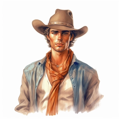 beautiful stunning handsome vintage cowboy young man, tarot style, paint art style, clipart, white background, superrealistic, one of a kind