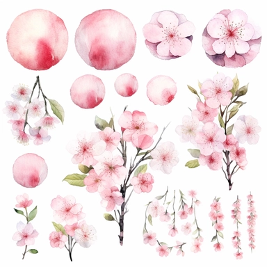 Immerse yourself in the beauty of a cherry blossom landscape with this captivating clipart collection. The set features watercolor sakura blossom PNG images, each delicately painted to capture the ethereal nature of these iconic flowers. The pink floral elements can be used to enhance various designs, including wedding invitations, baby shower announcements, and more. The graceful sakura blossoms exude a sense of romance and tranquility, creating a whimsical atmosphere. Let the soft pink petals 