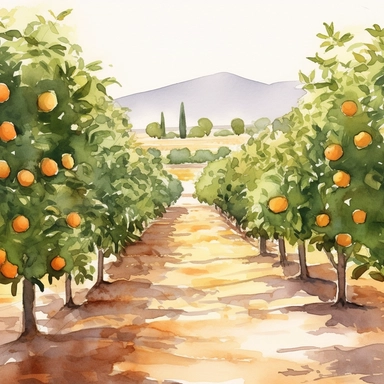 Citrus Grove: Create a watercolor clipart of an expansive orange grove, capturing the rows of trees and the play of light and shadow. Incorporate warm earthy tones and a sense of depth to bring the scene to life.