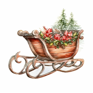 watercolor clipart of vintage Christmas sleigh, isolated on white background
