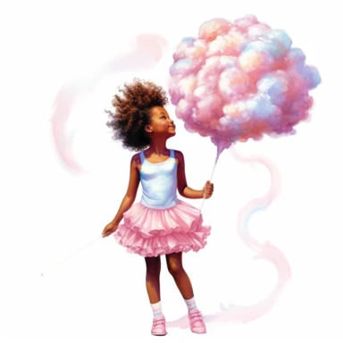 A lone adorable happy african american girl Eating a cotton candy cloud clipart, adorned with delicate sugar embellishments, her enchanting silhouette captures the whimsical beauty of the Candyland world. Clipart, watercolor, white background, intricate detail, hyper realistic, unreal engine cinematic smooth, ink rendering strong contour