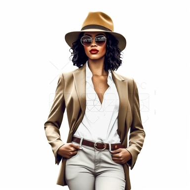 African american women wearing suit and fedora hat Boss lady clipart modern fashion style anatomically correct realistic isolated white background
