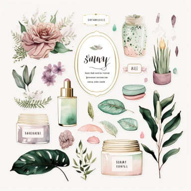 4 watercolor elegant aesthetic self care stickers including scented candles, hydration mask and Gua sha, home deco, hydration face mask, indoor plants, flowers, make up, lipstick, jewelry, sunglasses, and accessories separated on a white background in a soothing color palette. Svg, clipart, illustration, stickers, high resolution, details.
