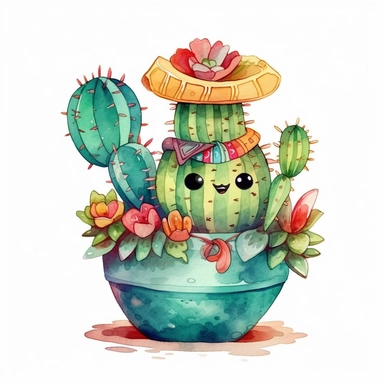 a cute cactus with a sombrero and a mustache, heart, flowers, watercolor clipart design, super cute, isolated white background, high quality, 2d, vector, flat