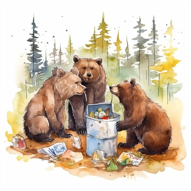 water color cute bear family eating trash from a trash bin at yellowstone park, clipart, hd, between trees