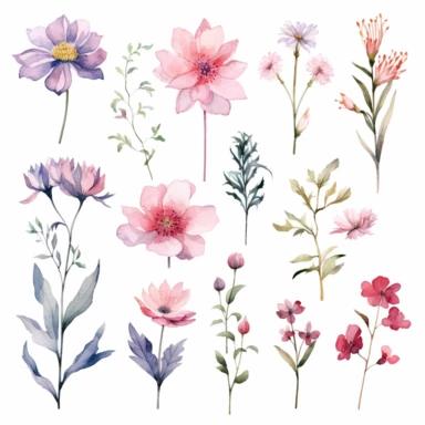 Stunning CLIPART watercolor artworks of flowers and plants, delicate flowers and plants with FEW details, light and minimalistic style, focus on the delicate beauty of each individual flower or plant painted with a loose watercolor technique, prominent watercolor style, emphasize the delicate and intricate watercolor technique, Light airy hues and pastel tones, softness of the flowers and plants, keep the overall design minimalistic, highlight the unique features of each flower or plant WITHOUT 