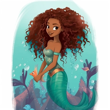 a little black girl verision of disney's little mermaid, ariel, afro hair, detailed clipart, full body, detailed fin