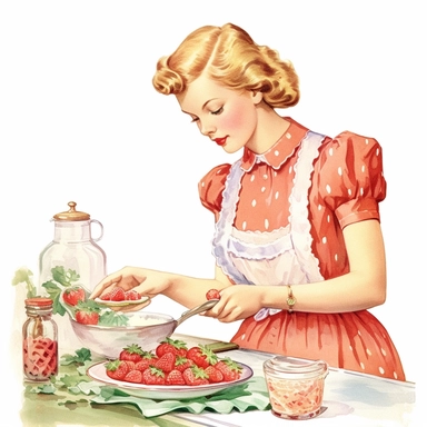 vintage style a beautiful woman preparing strawberry cake on kitchen counter clipart, strawberry cake, strawberries, vibrant colors, 1960, vintage, watercolor, realistic drawing in storybook illustration, pencil drawing by Angela Barrett, Elsa Beskow, hand fix, highly detailed, high resolution, 8K, white background