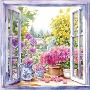 watercolor, hyper realistic, white background, white margins, 16k, ultra detailed clipart, cut out image, hand-drawn a kitchen window overlooking a vibrant garden, with pink and purple flowers in full bloom. in the style of colorful ink wash paintings, charming character illustrations, piles/stacks, creative commons attribution, digital painting, barroco