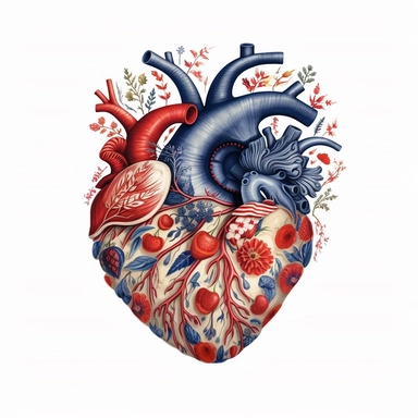 realistic illustration, real heart clipart, with floral decoration, with colors of the united states flag, july 24th, high definition embedded details, white background,