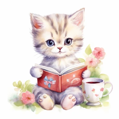 Cute little kitten reading a book, folk art, watercolor, pastel, clipart elements, kawaii, white background