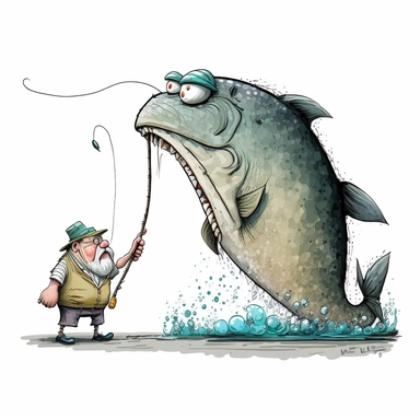 funny big sish going to fishing big fish, CLIPART, watercolor, ink, ultra-detailed, cartoon style, white background, black outside lines
