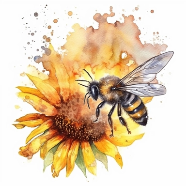a honey bee flying into the sun, watercolor, fantasy, white background, black and white ink, clipart