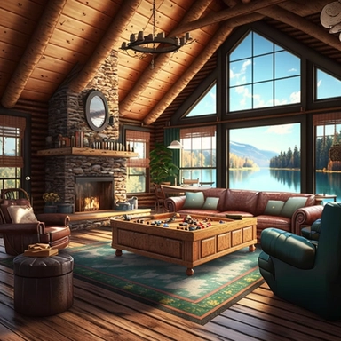 large great room, entertainment room in log cabin, wall of windows with view of beautiful lake, pool table, comfortable furniture, large beautiful carpet, fireplace with fire burning, large comfortable couch, fantasy, ethereal, clipart