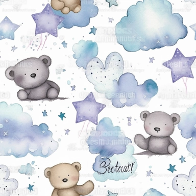 clipart photoshop hand painted watercolor seamless pattern on white background featuring clouds, stars, and cute bears in blues and greys in this style and color
