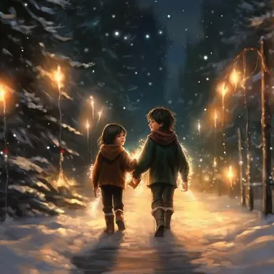 christmas eve, 2 happy children walking in Narnia, twinkling lights, Disney style of animation, clipart