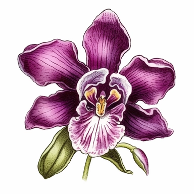Visualize an intricately hand-drawn orchid clipart. This botanical illustration features a striking, elegant orchid, known for its exotic beauty and grace. The petals are meticulously drawn in a vivid purple tone, capturing the unique, symmetrical form that makes the orchid an emblem of refinement and sophistication. The central column of the orchid, a characteristic feature of the flower, is carefully detailed to highlight its unique anatomy. Supporting this blooming spectacle is a slender, arc