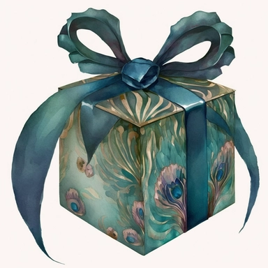 clipart watercolor flat box in peacock pattern with huge long bow on top
