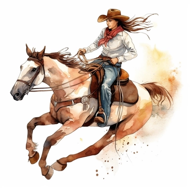 beautiful clipart of a a cowgirl riding a bucking bronco horse in water color on a white background