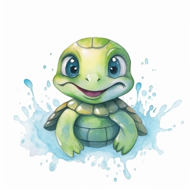 hand drawn, cartoon style, watercolor, watersplash, a whimsical cute smiley colorful turtle clipart, hd, on white background
