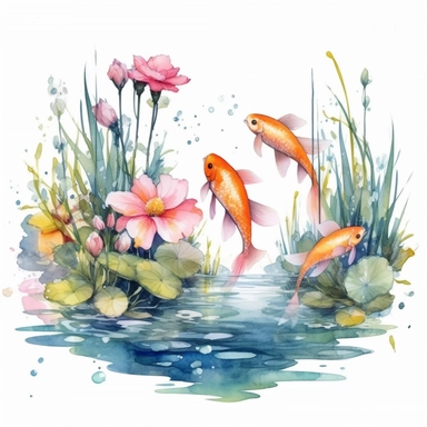 clipart, isolated on white background, Watercolor Spring pond with swimming colorful fish underwater, underwater plants, ornated, pastel colors