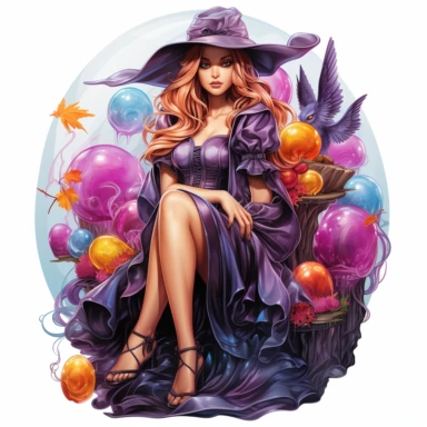 Sharp Illustration of a fantasy sweet candy witch clipart aginst white background in watercolor style, majestic scene, beautiful witch, sweets, vibrant colors, bubble gum, purple dress, colorful candies, illustration style, vibrant colors, unreal engine 5, detailed illustration, high resolution, high quality, solid white background