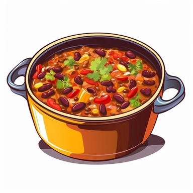 Clip art, png, A steaming pot of chili with ground beef and beans, in a hearty, comfort food style, slightly abstract, white background
