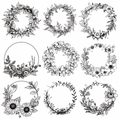 Nine extremely simple and beautiful uncomplicated minimalist design flower garlands clipart in 3 rows, 3 columns, line drawing in a perfect circle, very little detail, mixed drawing so that certain parts of the circle are flowers, straight line, hidden and dotted line, flower details do not enter the circle or enter very little, black focus, high quality, aesthetic style, white background, garlands only,8k